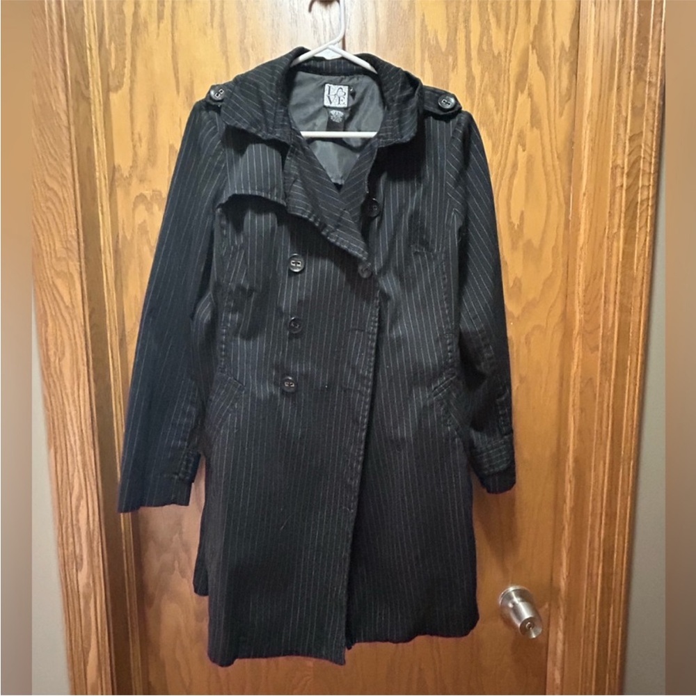 Love Tease black double breast pinstripe trench coat jacket stripes large L